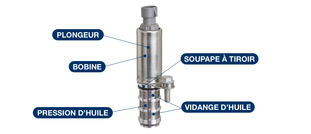 Composants principaux du solénoïde de calage variable des soupapes : plongeur, bobine, distributeur à tiroir cylindrique, pression d’huile, sortie d’huile