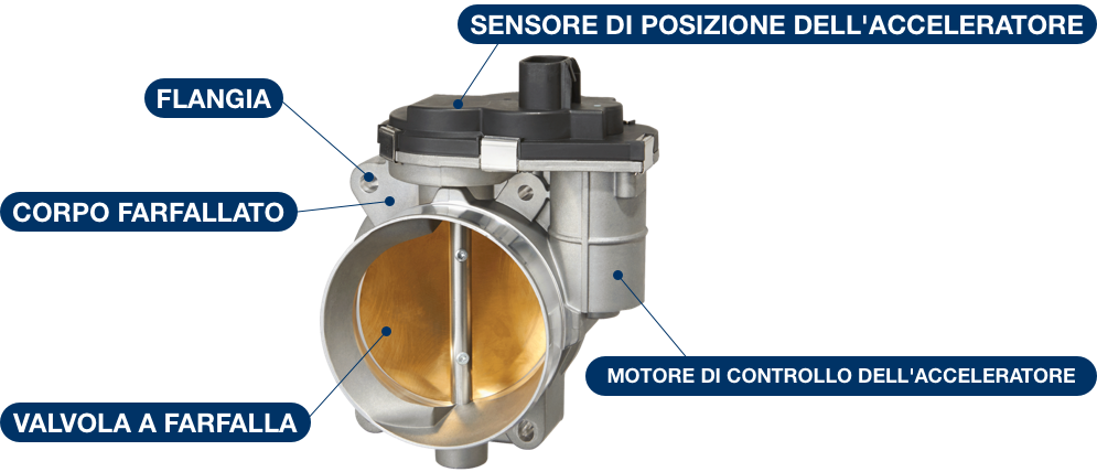 Corpo farfallato elettronico componenti: sensore di posizione dell'acceleratore, flangia, corpo farfallato, motore di controllo dell'acceleratore air chamber, valvola a farfalla