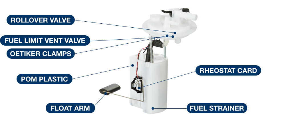 Fuel module major components breakdown with rollover valve, fuel limit vent valve, oetiker clamps, pom plastic, rheostat card, float arm and fuel strainer