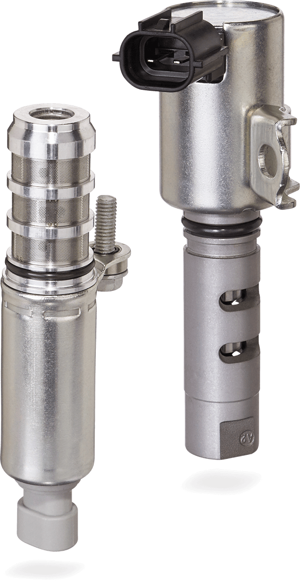 Two aftermarket variable valve timing solenoids by Spectra Premium