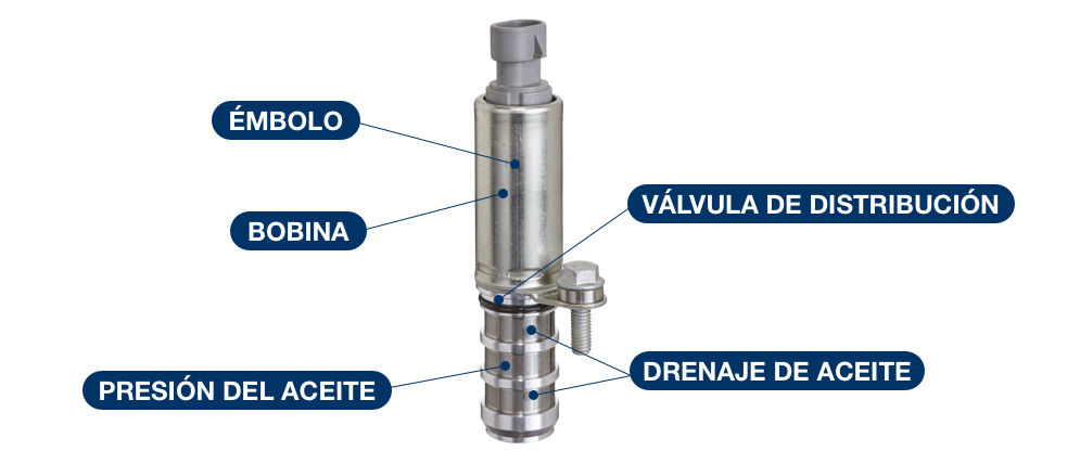 Componentes principales del solenoide VVT: émbolo, bobina, válvula de distribución, presión del aceite, drenaje de aceite