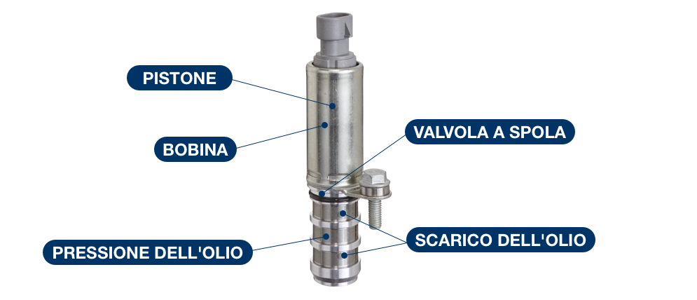 Componenti principali del solenoide vvt, pistone, bobina, valvola a spola, pressione olio, scarico olio